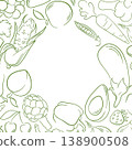 Frame with line art style fruit and vegetable, corn, eggplant, peach, avocado. Illustration background for healthy menu, organic store package and grocery shop. 138900508