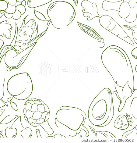 Frame with line art style fruit and vegetable, corn, eggplant, peach, avocado. Illustration background for healthy menu, organic store package and grocery shop. Frame with line art style fruit and vegetable, corn, eggplant, peach, avocado. Illustration background for healthy menu, organic store package and grocery shop. 138900508