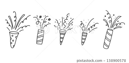 Set of exploding firecrackers with confetti, sparks, ribbons Set of exploding firecrackers with confetti, sparks, ribbons 138900578