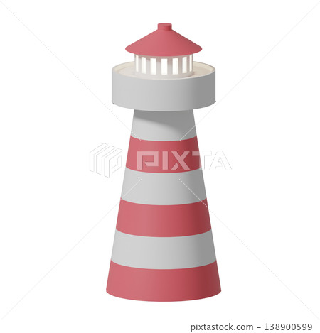 3D illustration of a lighthouse with red and white stripes, summer beach theme. 3D illustration of a lighthouse with red and white stripes, summer beach theme. 138900599