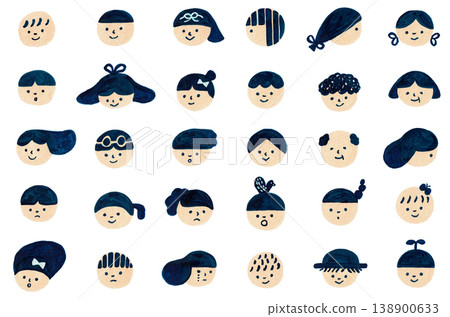 A set of simple, hand-drawn character face icons (with variations in hairstyle and facial expression). A set of simple, hand-drawn character face icons (with variations in hairstyle and facial expression). 138900633