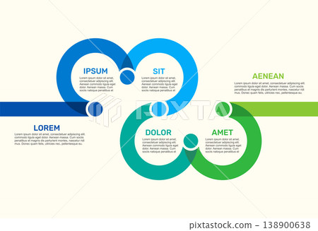 A professional horizontal infographic template featuring interconnected circular paths and six steps. Vector illustration. A professional horizontal infographic template featuring interconnected circular paths and six steps. Vector illustration. 138900638