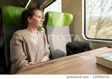Woman looking out the window during train journey 138900720