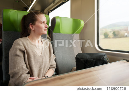 Woman looking out the window during train journey Woman looking out the window during train journey 138900726
