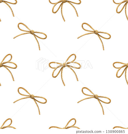 Watercolor seamless pattern of twisted rope tied into repeating bows. Realistic hand-painted style. Ideal for frames, packaging edges, invitations, textiles and nautical-themed designs 138900865