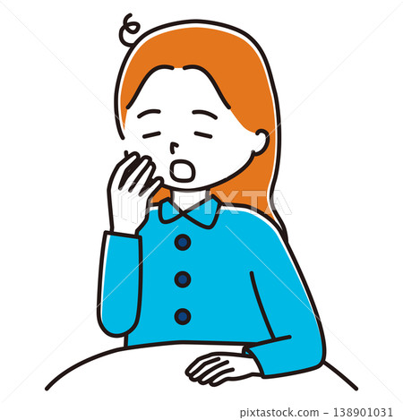An illustration of a woman yawning under a blanket. 138901031