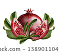 Pomegranate fruit watercolor composition. Realistic botanical illustration on a white background. Perfect for packaging design, organic cosmetics, invitations, and wellness branding. Handmade. 138901104
