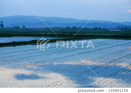 Mountains and sky reflected in rice paddies at dusk - Hokkaido. A breathtaking view representing the magnificent nature of Hokkaido. Landscape photography capturing the majestic natural beauty of Hokkaido. Mountains and sky reflected in rice paddies at dusk - Hokkaido. A breathtaking view representing the magnificent nature of Hokkaido. Landscape photography capturing the majestic natural beauty of Hokkaido. 138901159