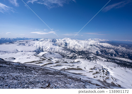 冬日的北海道:綿延的雪山和壯麗的山景,展現了北海道雄偉的自然風光。皚皚雪峰與湛藍的天空交相輝映。 冬日的北海道:綿延的雪山和壯麗的山景,展現了北海道雄偉的自然風光。皚皚雪峰與湛藍的天空交相輝映。 138901172