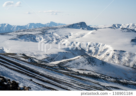A panoramic view of Hokkaido's winter snow-covered mountains, rocky ridges, and blue sky. A spectacular view representing the great nature of Hokkaido. Snow-covered mountain peaks shining in the snow and clear blue sky of winter. A panoramic view of Hokkaido's winter snow-covered mountains, rocky ridges, and blue sky. A spectacular view representing the great nature of Hokkaido. Snow-covered mountain peaks shining in the snow and clear blue sky of winter. 138901184
