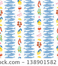 Striped sardines fish, Mediterranean seafood, wine, tomatoes, pepper, lemon, olives Vector Dolce vita seamless pattern 138901582