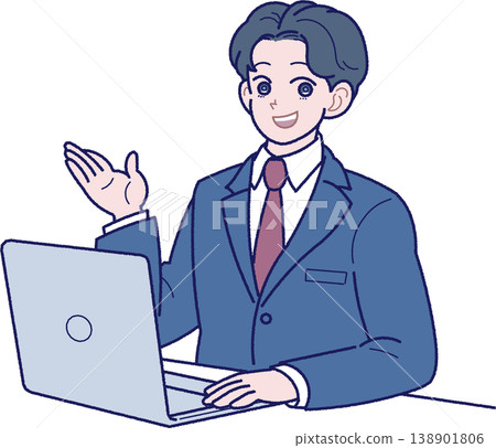 一幅插圖,描繪了一位身穿西裝的年輕男子在筆記型電腦前講解某些內容。 一幅插圖,描繪了一位身穿西裝的年輕男子在筆記型電腦前講解某些內容。 138901806
