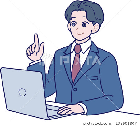 一幅插圖，描繪了一位身穿西裝的年輕男子在筆記型電腦前講解某些內容。 138901807