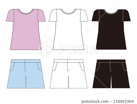 適合炎熱天氣的服裝:T恤和短褲,3種顏色圖案,女款。 適合炎熱天氣的服裝:T恤和短褲,3種顏色圖案,女款。 138901904