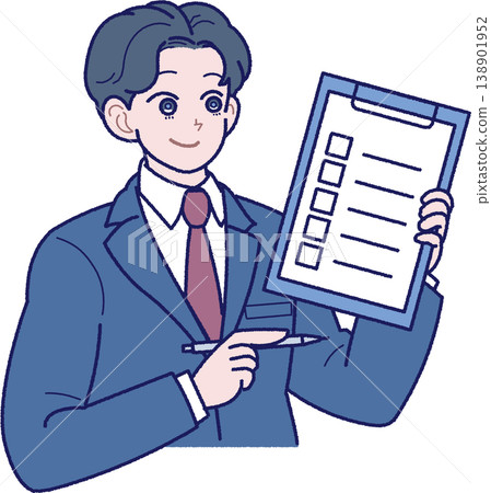 插圖描繪了一位身穿西裝的年輕男子,他手持文件和鋼筆。 插圖描繪了一位身穿西裝的年輕男子,他手持文件和鋼筆。 138901952
