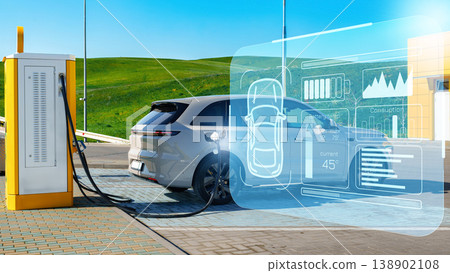 Electric car charges at a station during daytime under clear blue skies 138902108