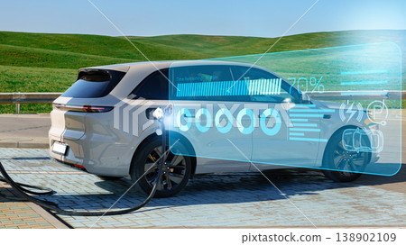 Electric car charging station with dashboard display in open area during sunny day Electric car charging station with dashboard display in open area during sunny day 138902109