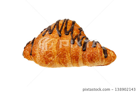 Delicious chocolate glazed croissant isolated on white. Gourmet puff pastry with cocoa topping. Delicious chocolate glazed croissant isolated on white. Gourmet puff pastry with cocoa topping. 138902143