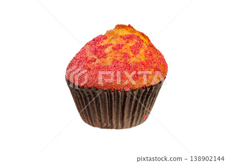 Single golden brown muffin in paper cup isolated on white. Macro photography of sweet pastry. 138902144