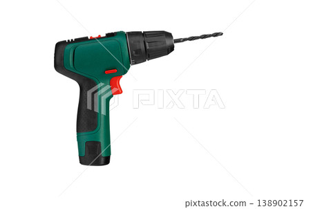 Electric drill driver in working condition with drill bit Electric drill driver in working condition with drill bit 138902157