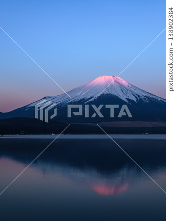 The breathtaking view of the inverted red Mt. Fuji reflected in Lake Yamanaka in the early morning. 138902384