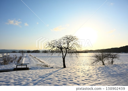 夕陽西下，白雪皚皚的大地勾勒出美麗的輪廓（福島縣豬苗代町） 138902439
