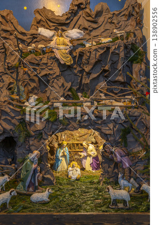 Christmas nativity scene with baby Jesus and holy family 138902556