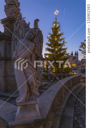 Baroque column statue with Christmas tree on Telc square Baroque column statue with Christmas tree on Telc square 138902563