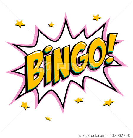 Bingo starburst icon in pop art comic style with bold yellow lettering on white star shape and pink outline accents. Retro vector bingo logo for lottery, lotto, casino posters and game branding 138902708