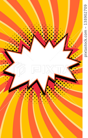 Comic starburst banner with bold jagged shape and copy space on bright yellow and orange spiral background. Dynamic retro vector background for sale ads, promo posters, discount announcements 138902709