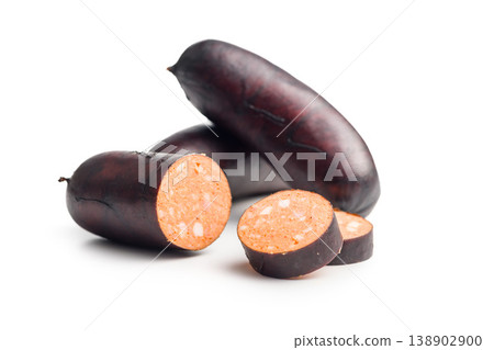 Smoked Polish Sausage With Dark Casing and Sliced Spicy Kielbasa On White Background Smoked Polish Sausage With Dark Casing and Sliced Spicy Kielbasa On White Background 138902900