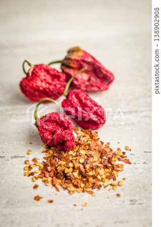 Dried Red Chili Peppers With Crushed Red Pepper Flakes Spices and Hot Seasoning Close-Up Dried Red Chili Peppers With Crushed Red Pepper Flakes Spices and Hot Seasoning Close-Up 138902908
