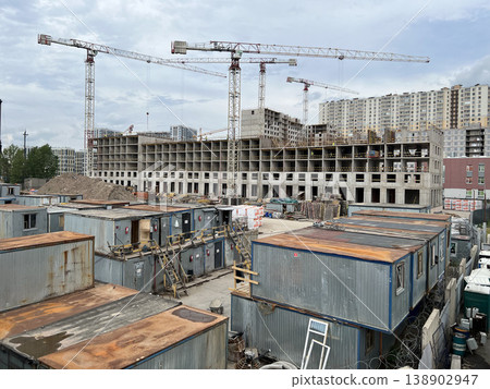 Urban Construction Zone with On-Site Accommodation Trailers and Crane Urban Construction Zone with On-Site Accommodation Trailers and Crane 138902947