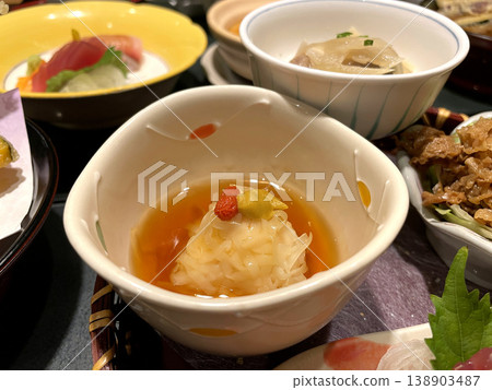 Shrimp dumplings with goji berries and ginger in orange sauce. Shrimp dumplings with goji berries and ginger in orange sauce. 138903487