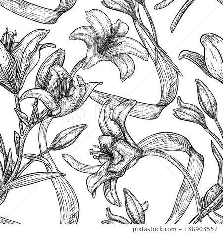 Lily flower black and white vector seamless pattern. Hand drawn botanical illustration of floral ornament with lily bloom. Graphic engraving floral repeat for textile print, wallpaper and background. Lily flower black and white vector seamless pattern. Hand drawn botanical illustration of floral ornament with lily bloom. Graphic engraving floral repeat for textile print, wallpaper and background. 138903552