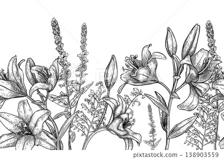 Lily flower and wild flowers black white vector seamless border. Hand drawn monochrome botanical illustration with outline blossom and bud. Elegant floral repeat for textile or wedding invitation. 138903559