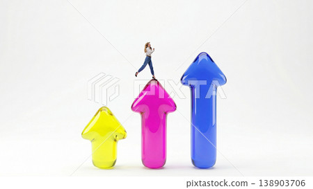 Business woman jumping between growth arrows representing career progress and ambition. Business woman jumping between growth arrows representing career progress and ambition. 138903706
