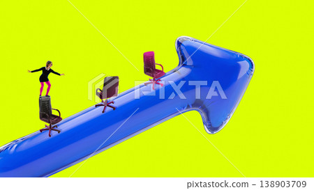 Business woman balancing on chairs on arrow representing unstable career growth path. 138903709