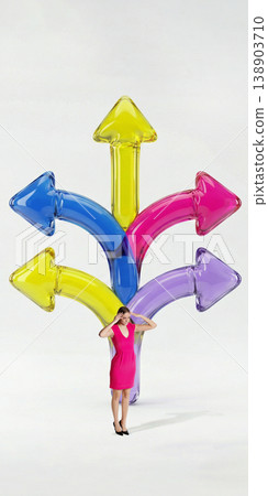 Confused business woman under multiple arrows representing complex decision choices. Confused business woman under multiple arrows representing complex decision choices. 138903710