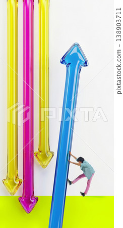 Businessman pushing large upward arrow against downward arrows showing resistance 138903711