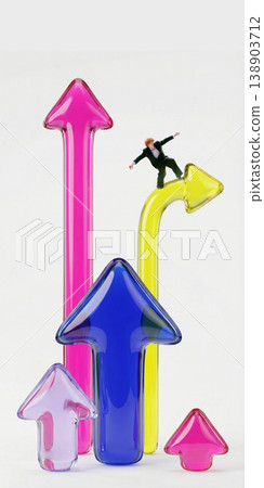 Businessman balancing on curved arrow choosing unstable path and risky direction. 138903712