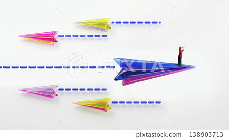 Business woman standing on paper plane with megaphone leading strategy path. Business woman standing on paper plane with megaphone leading strategy path. 138903713