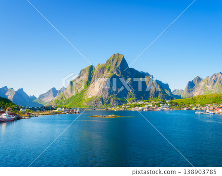 Nature in fjords. Lofoten islands, Norway. Panoramic view. Traveling on a Norwegian fjord. 138903785