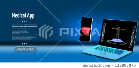 Concept for medical app landing page. Laptop shows DNA and human anatomy, smartphone shows heart rate. Blue background with futuristic design for healthcare and technology promotion Concept for medical app landing page. Laptop shows DNA and human anatomy, smartphone shows heart rate. Blue background with futuristic design for healthcare and technology promotion 138903870
