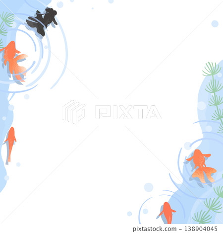 金魚邊框（漣漪、陰影、水生植物、方形、透明背景）日式夏季向量素材，俯視視角的金魚 138904045
