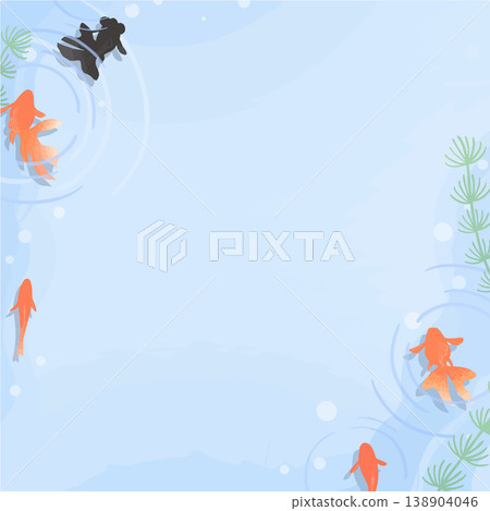 Goldfish frame (with ripples, shadow, aquatic plants, square shape, and background) - Japanese-style summer design material featuring a goldfish viewed from above. Goldfish frame (with ripples, shadow, aquatic plants, square shape, and background) - Japanese-style summer design material featuring a goldfish viewed from above. 138904046