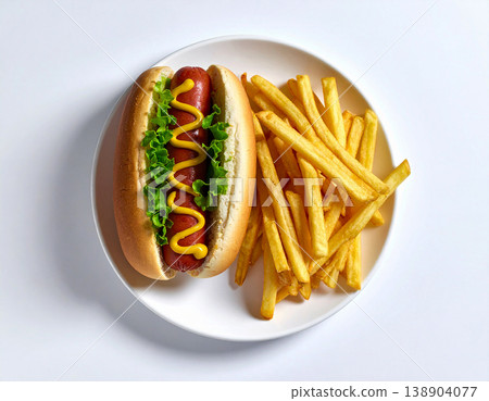 Classic flavors. Grilled hot dog in fresh bun, topped with zigzag lines of mustard and and french fries on a plate. Top view. Classic flavors. Grilled hot dog in fresh bun, topped with zigzag lines of mustard and and french fries on a plate. Top view. 138904077