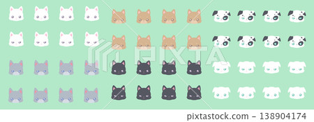 Cute dog and cat face icon set: a variety of expressions and animal characters. 138904174