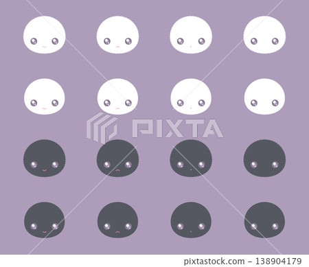 A set of fluffy, round mascot character face icons, available in black and white variations. 138904179