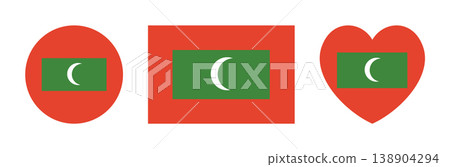 Flag of Maldives circle, rectangle, heart button, sticker. Maldives flag rounded, rectangular, heart shaped icon, badge set. National flag of Maldives banner. Maldives flag background. 138904294